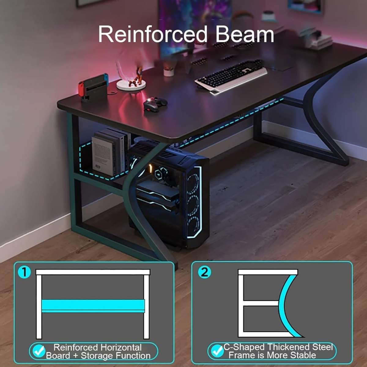 ZS - Gaming Table with Storage Shelves Under The Table