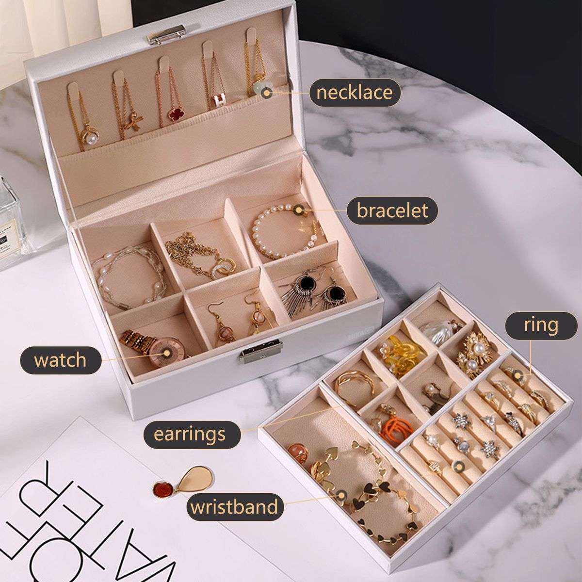 Compact PU Leather Double Layer Lockable Jewelry Storage Box Organizer-Tiered Tray - Green