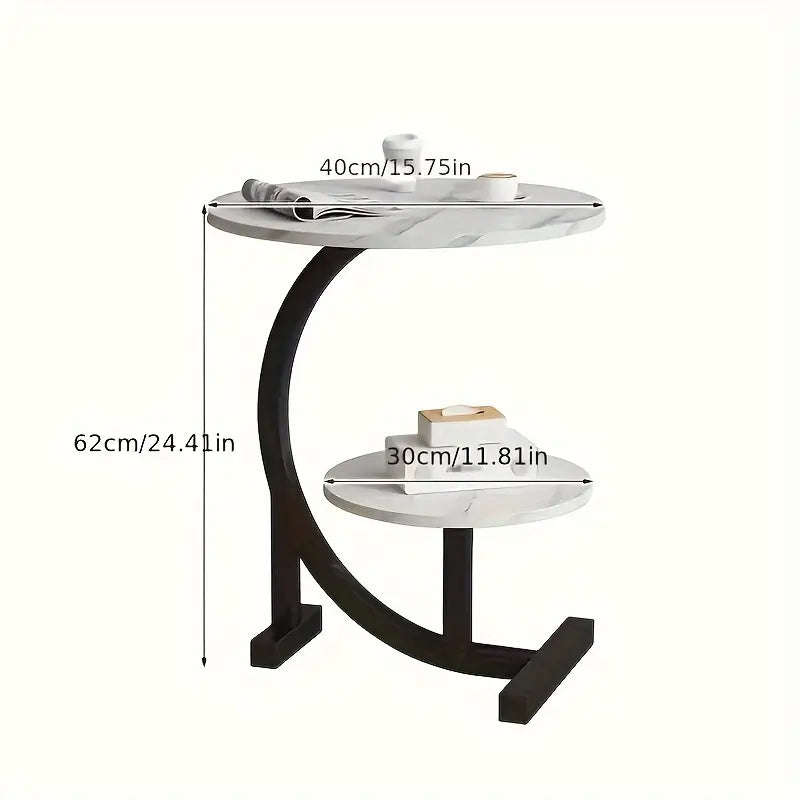 ZS - C-SHAPED 2 Tier Chic SIDE TABLE ROUND - White Marble with Black Frame