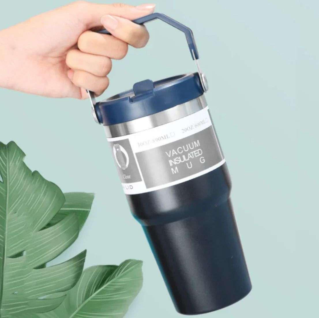 ZS - 890ml/300oz Thermal Insulated Travel Mug with Carry Handle and Straw - Black