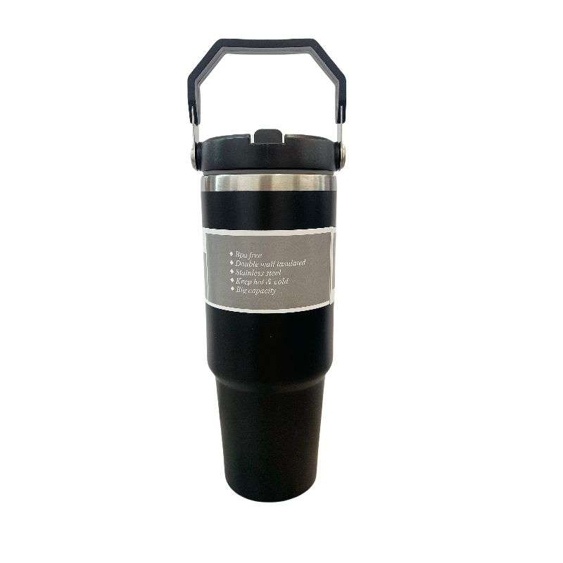 ZS - 890ml/300oz Thermal Insulated Travel Mug with Carry Handle and Straw - Black