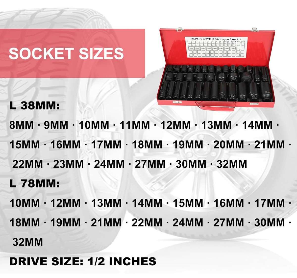 ZS - 35 Pieces 1/2 inch Heavy Duty Impact Socket Set