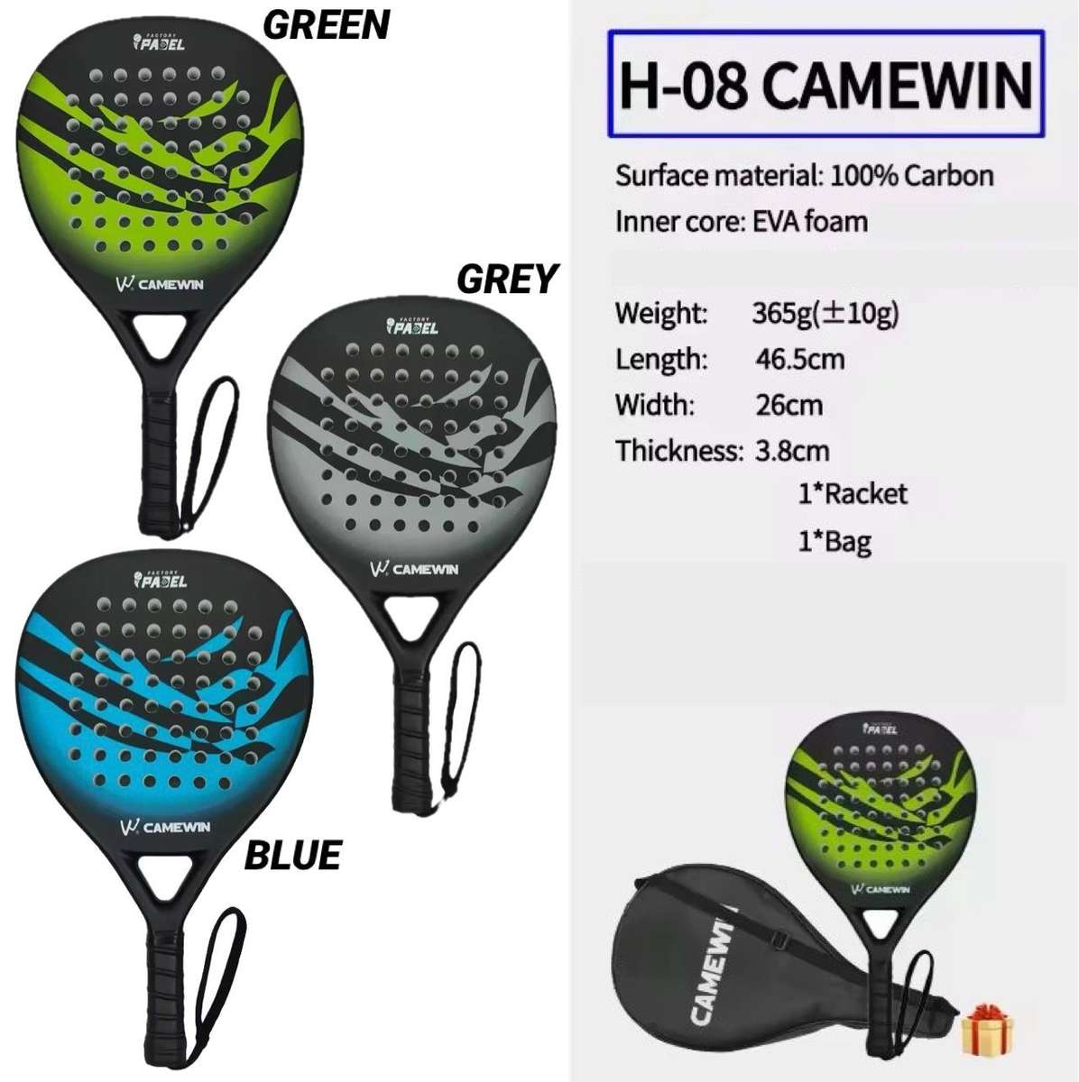 ZS - CAMEWIN Carbon Fibre Padel Racket / Bat - Marble Design & Padded Carry Bag - Green