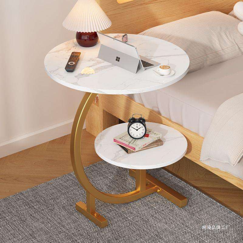 ZS - C-SHAPED 2 Tier Chic SIDE TABLE ROUND - White Marble with Black Frame