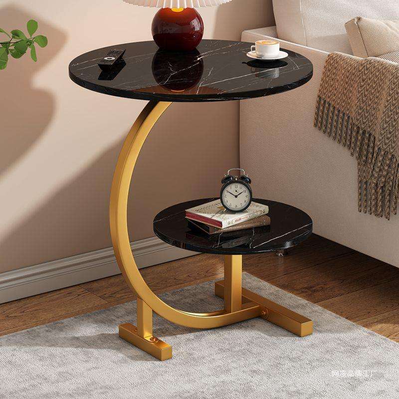 ZS - C-SHAPED 2 Tier Chic SIDE TABLE ROUND - White Marble with Black Frame