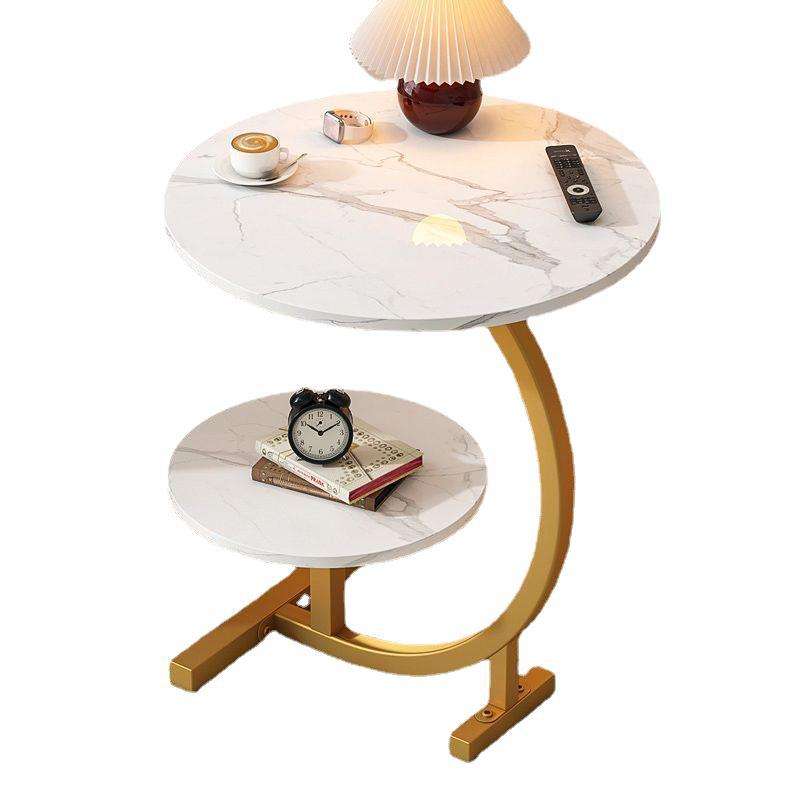 ZS - C-SHAPED 2 Tier Chic SIDE TABLE ROUND - White Marble with Black Frame