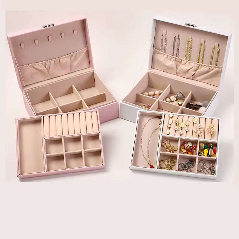 Compact PU Leather Double Layer Lockable Jewelry Storage Box Organizer-Tiered Tray - Green