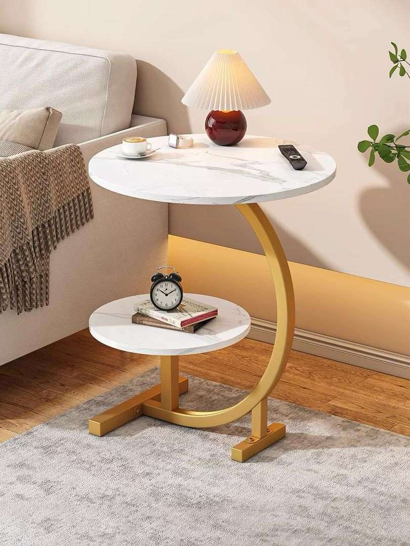 ZS - C-SHAPED 2 Tier Chic SIDE TABLE ROUND - White Marble with Black Frame