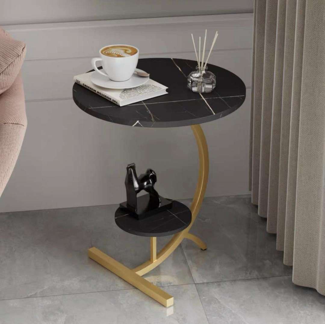 ZS - C-SHAPED 2 Tier Chic SIDE TABLE ROUND - White Marble with Black Frame