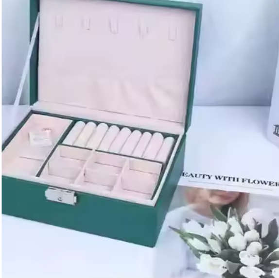 Compact PU Leather Double Layer Lockable Jewelry Storage Box Organizer-Tiered Tray - Green