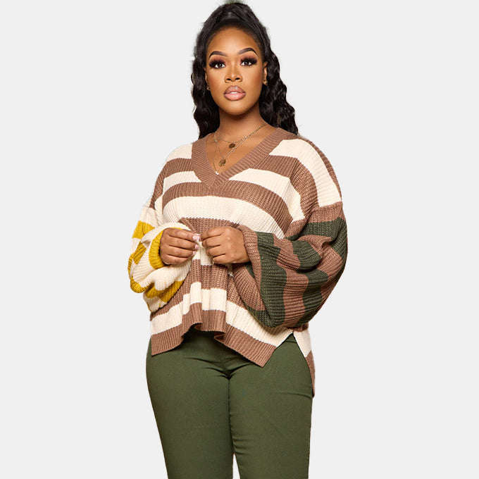 Sassy Striped Oversized Women Sweater Brown