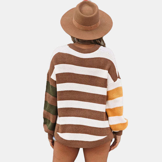 Sassy Striped Oversized Women Sweater Brown