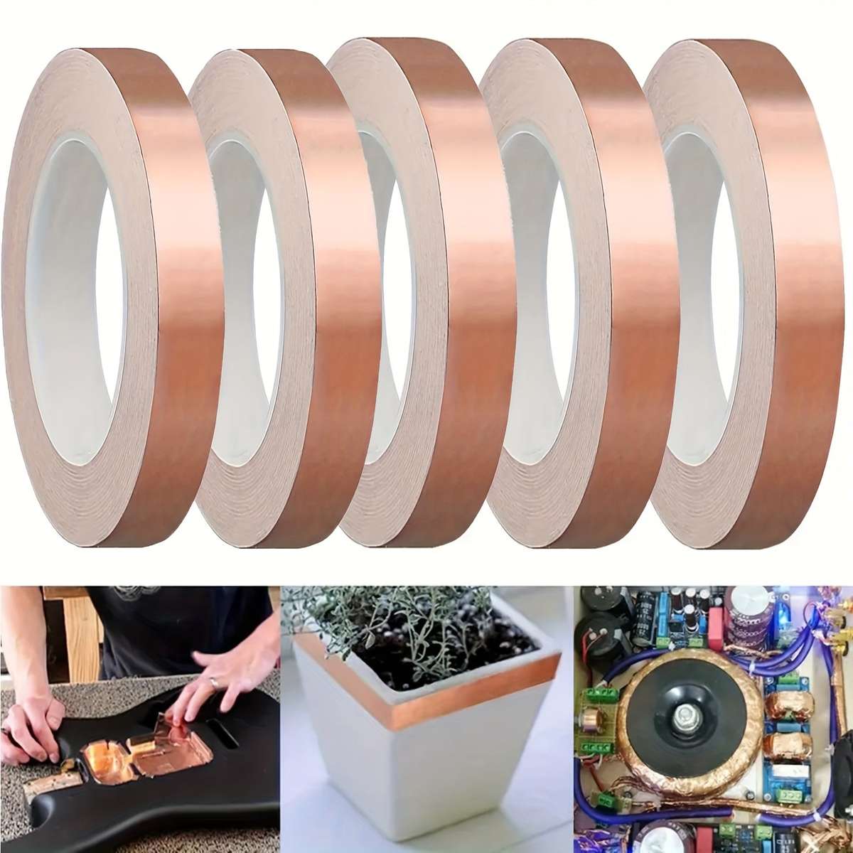 5pcs Copper Foil Tape Rolls - Heavy-Duty Single-Sided Conductive Adhesive with Ultra-Low ESR (Ext...