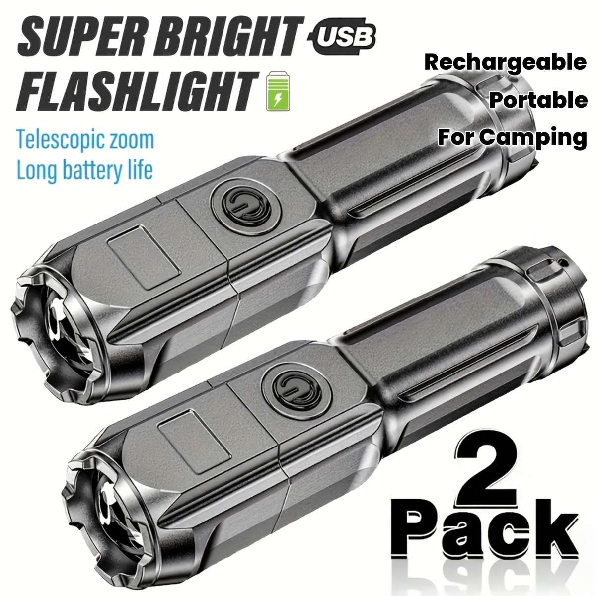 2pcs Handheld Rechargeable LED Flashlights, with Zoom, Supporting 3 Lighting Modes