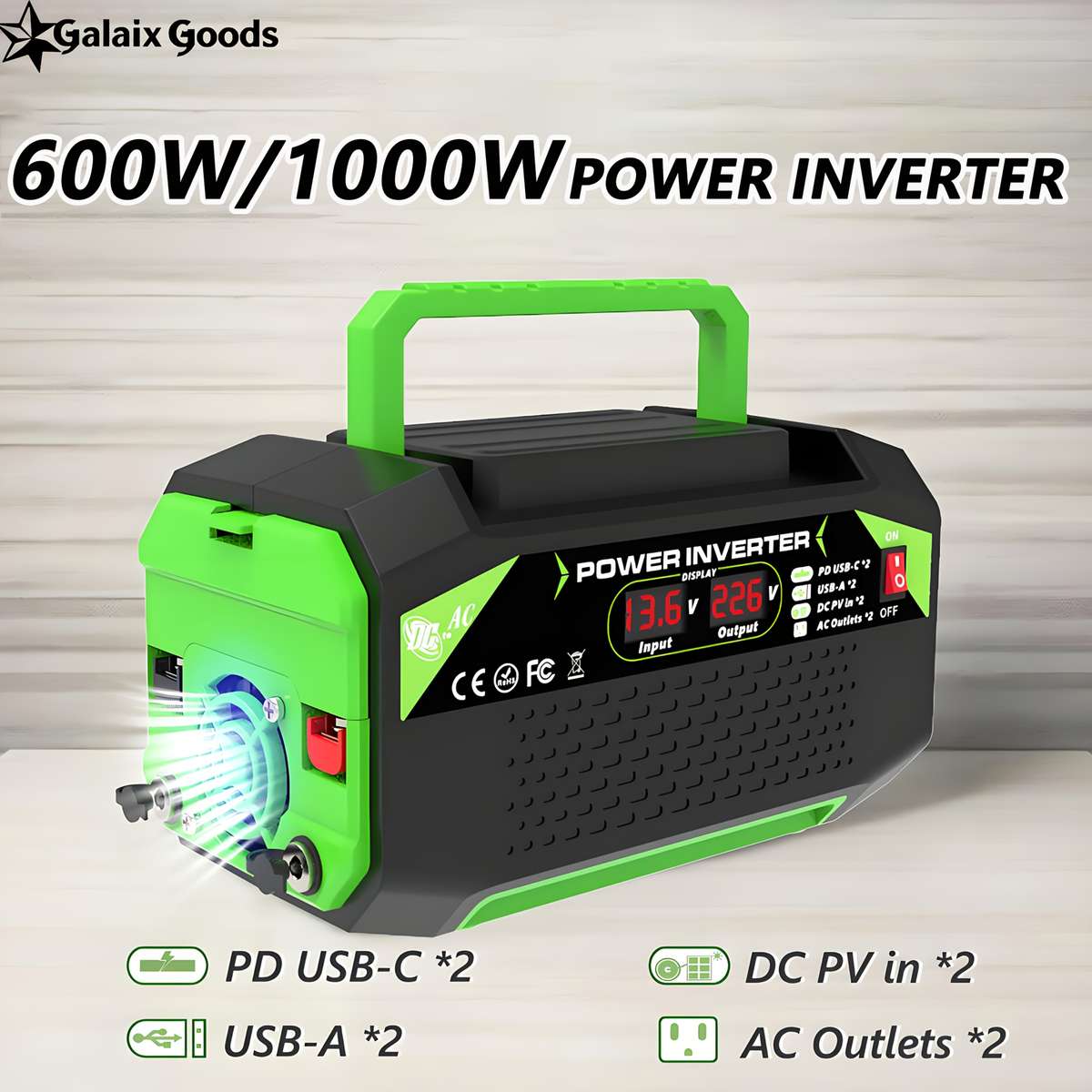 1000W DC 12V to AC 220V Car Power Inverter with LCD Display, 2x AC EU Outlets, 2x USB, 2x Type-C,...