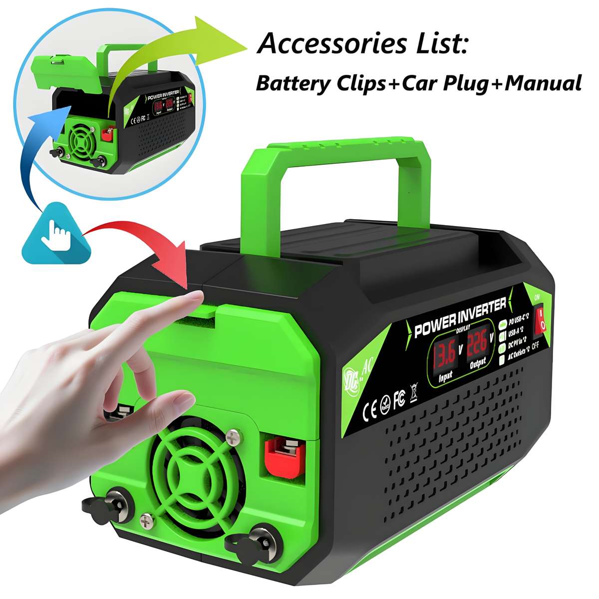 1000W DC 12V to AC 220V Car Power Inverter with LCD Display, 2x AC EU Outlets, 2x USB, 2x Type-C,...