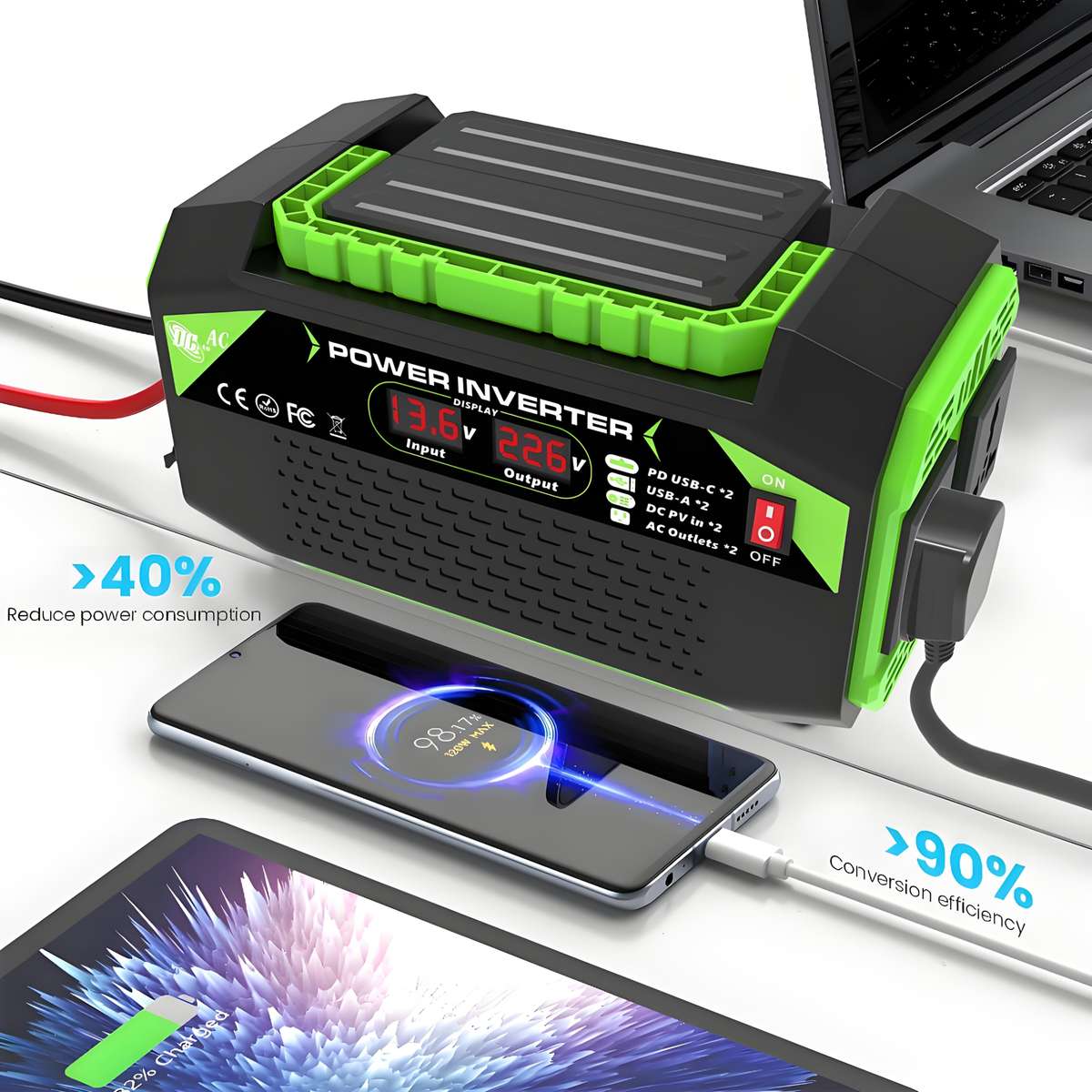 1000W DC 12V to AC 220V Car Power Inverter with LCD Display, 2x AC EU Outlets, 2x USB, 2x Type-C,...