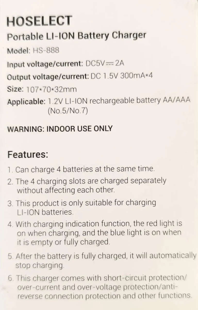 Hoselect HS-888 5V USB AA/AAA Li-Ion Battery Charger