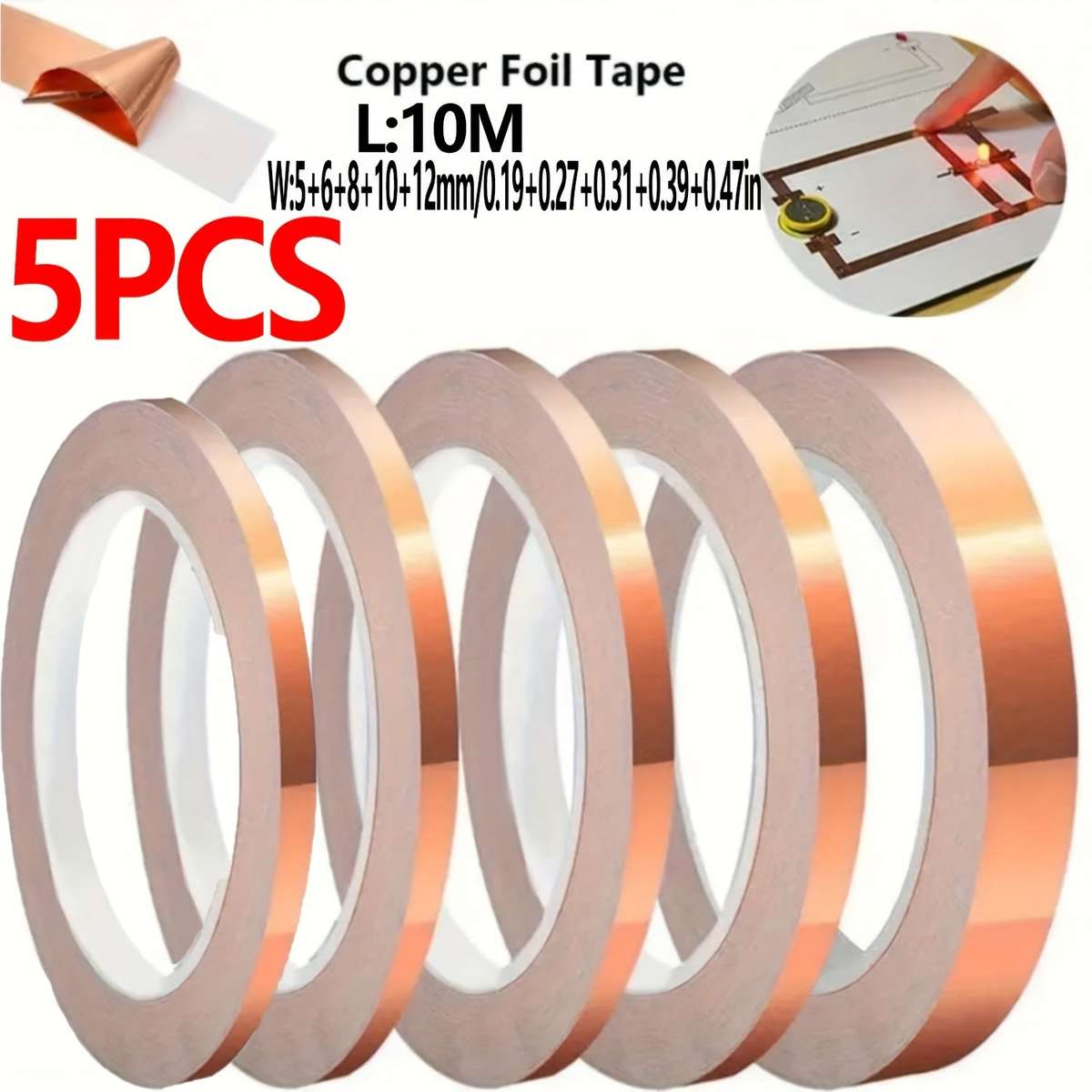 5pcs Copper Foil Tape Rolls - Heavy-Duty Single-Sided Conductive Adhesive with Ultra-Low ESR (Ext...