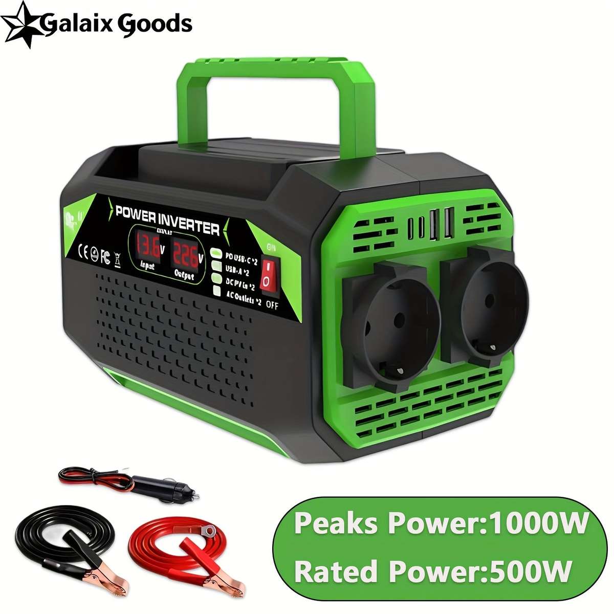 1000W DC 12V to AC 220V Car Power Inverter with LCD Display, 2x AC EU Outlets, 2x USB, 2x Type-C,...