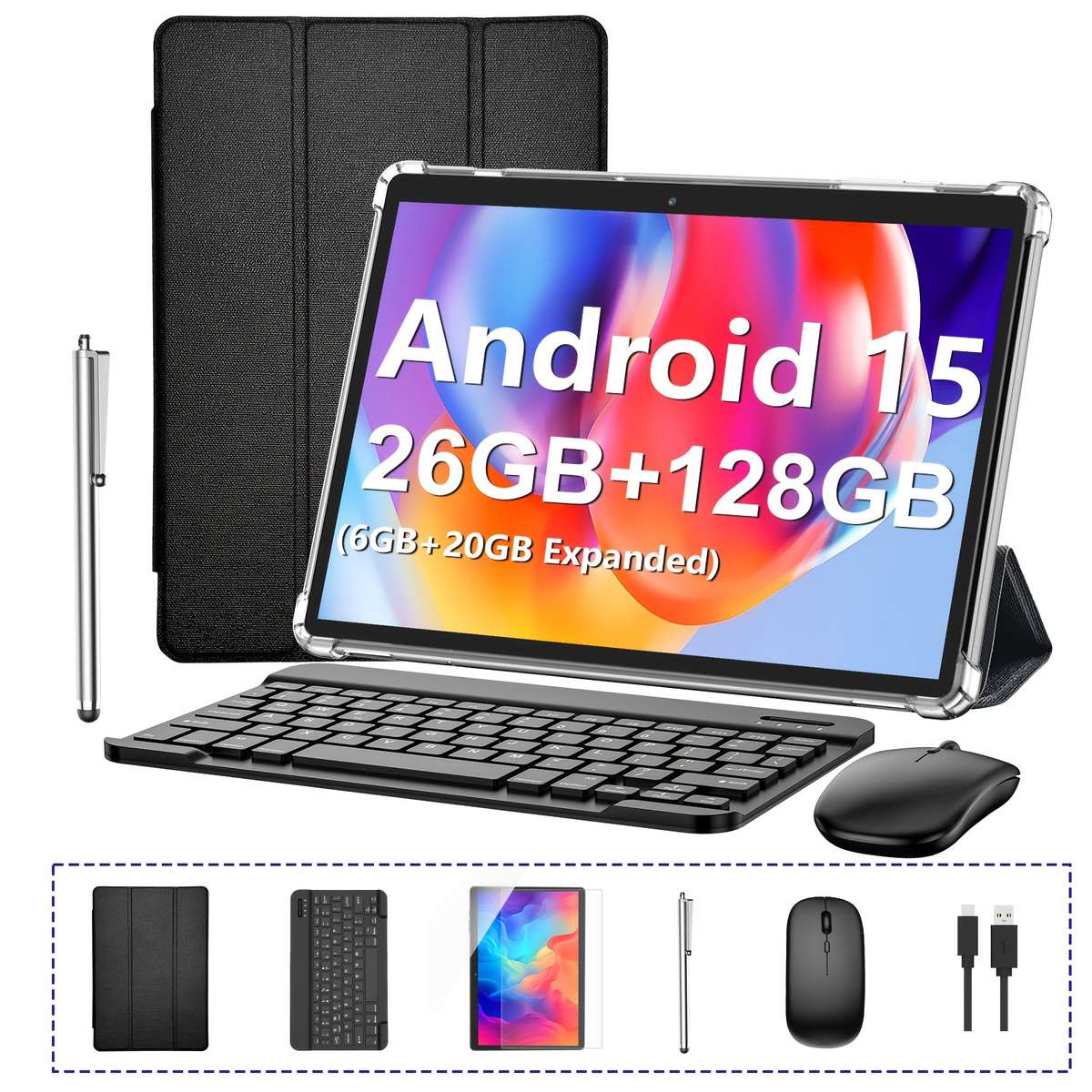 Relndoo 10Inch Android 15 Tablet with Keyboard, 128GB Storage, 6GB RAM, Case, Mouse and Stylus