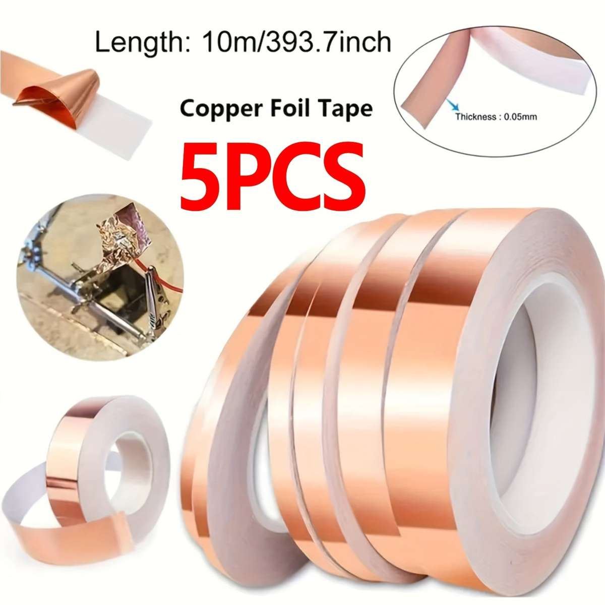 5pcs Copper Foil Tape Rolls - Heavy-Duty Single-Sided Conductive Adhesive with Ultra-Low ESR (Ext...