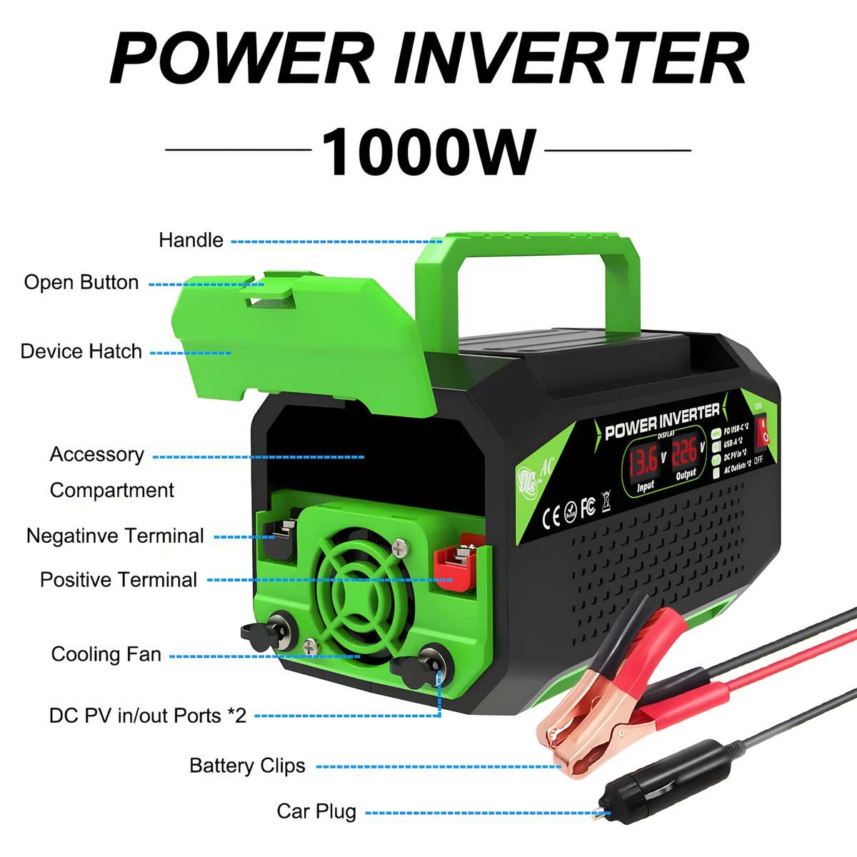 1000W DC 12V to AC 220V Car Power Inverter with LCD Display, 2x AC EU Outlets, 2x USB, 2x Type-C,...