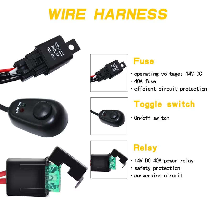 Off-Road Driving 180W Light Bar Wiring Harness with Fuse 40 Amp Relay ON/OFF Switch