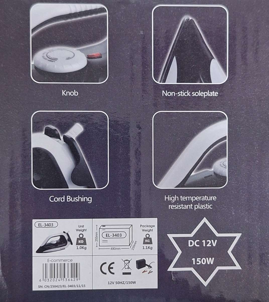 High-Performance 150W 12V DC Electric Steam Iron  Perfect for Portable & Travel Use