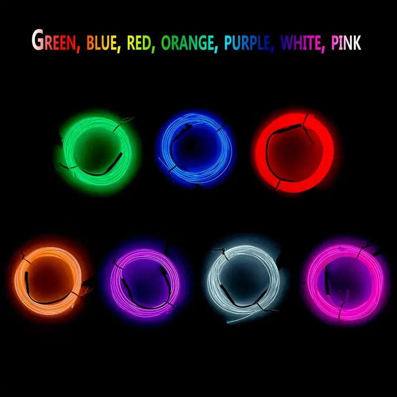 7 Pack, 3Meter Neon Light El Wire W/Battery Pack (Green, Blue, Red, Orange, Purple, White, Pink)