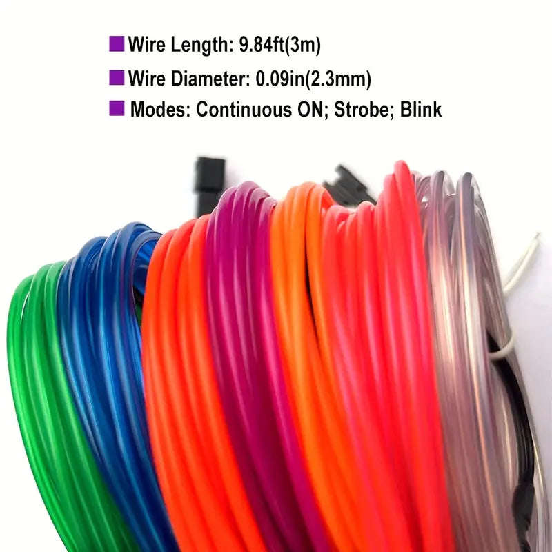 7 Pack, 3Meter Neon Light El Wire W/Battery Pack (Green, Blue, Red, Orange, Purple, White, Pink)