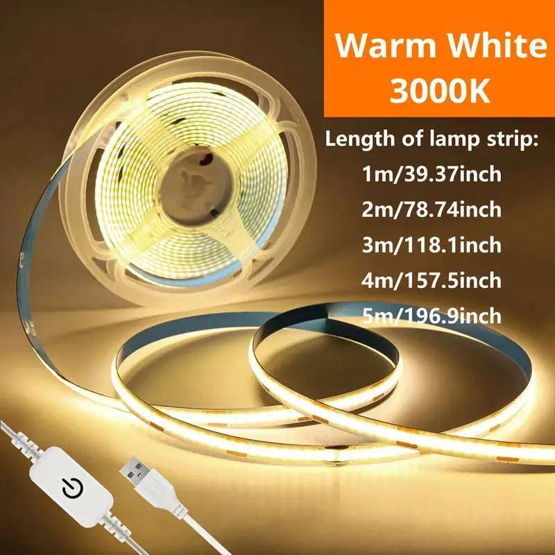 1M 5v USB Powered COB LED Strip Light with Touch Control
