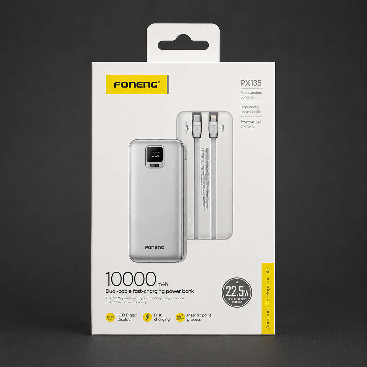 FONGENG PX135 10000mAh 22.5W Dual-Cable Fast Charging Power Bank