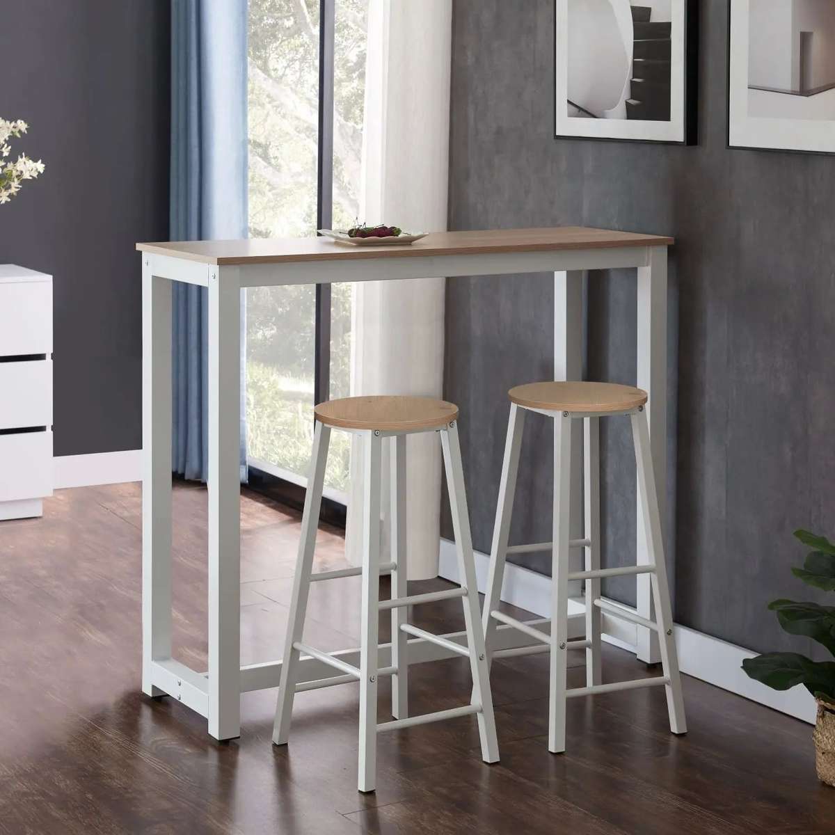 3 Piece Table Set White  Light oak