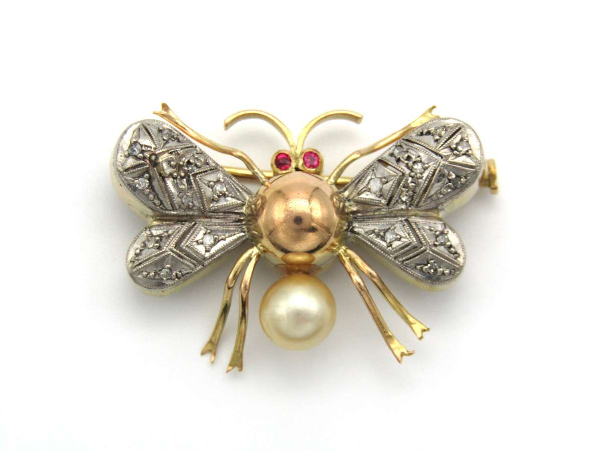 Mid-century, 14K gold ruby, diamond and pearl bee brooch