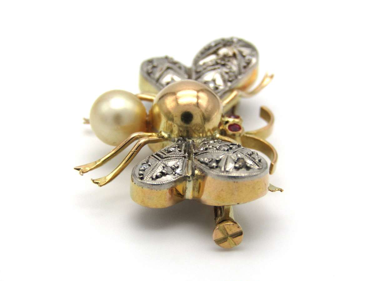 Mid-century, 14K gold ruby, diamond and pearl bee brooch