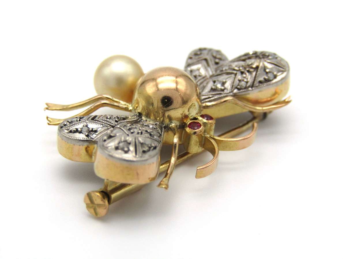 Mid-century, 14K gold ruby, diamond and pearl bee brooch