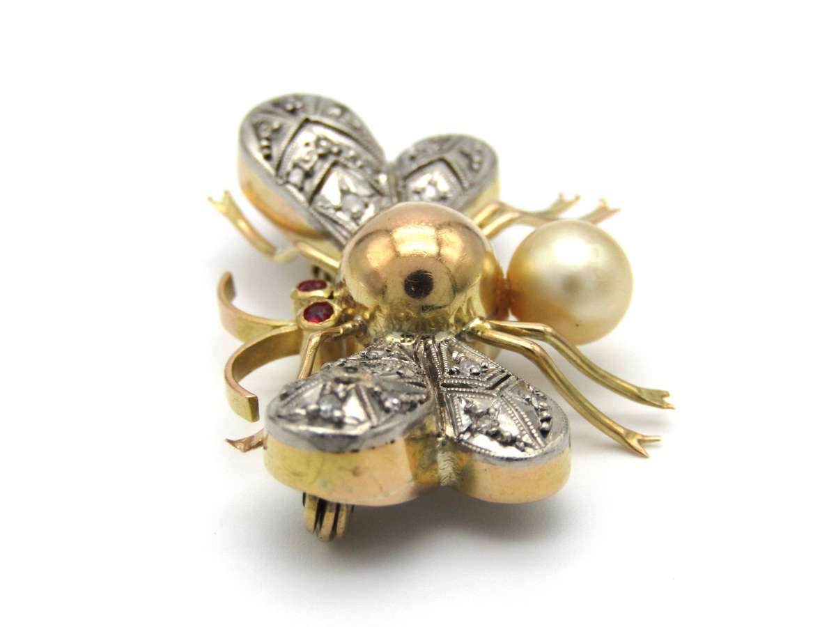 Mid-century, 14K gold ruby, diamond and pearl bee brooch