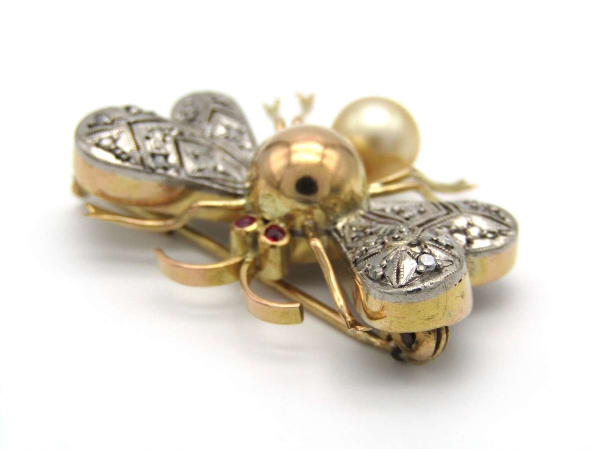 Mid-century, 14K gold ruby, diamond and pearl bee brooch