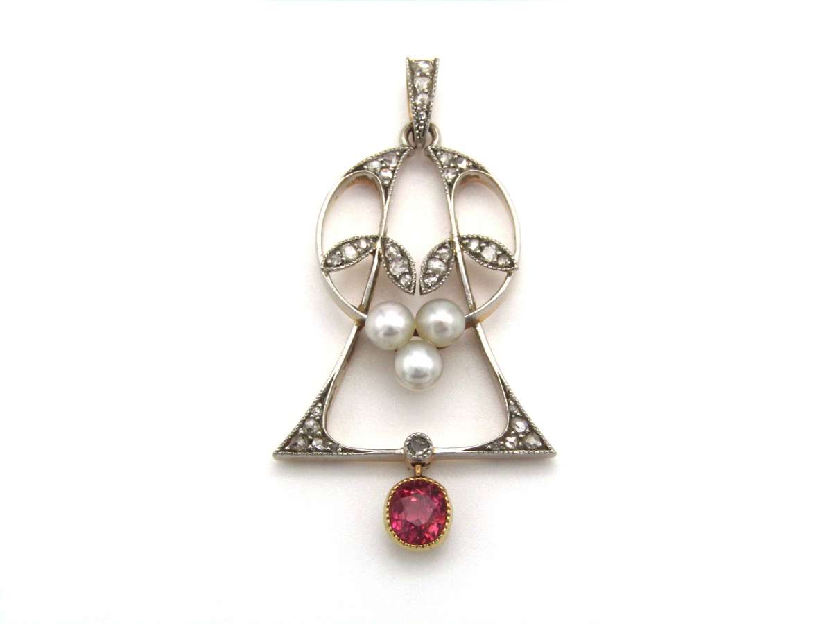 Art Nouveau, 18K gold ruby, diamond and pearl pendant