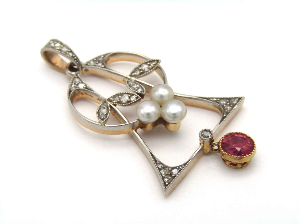 Art Nouveau, 18K gold ruby, diamond and pearl pendant