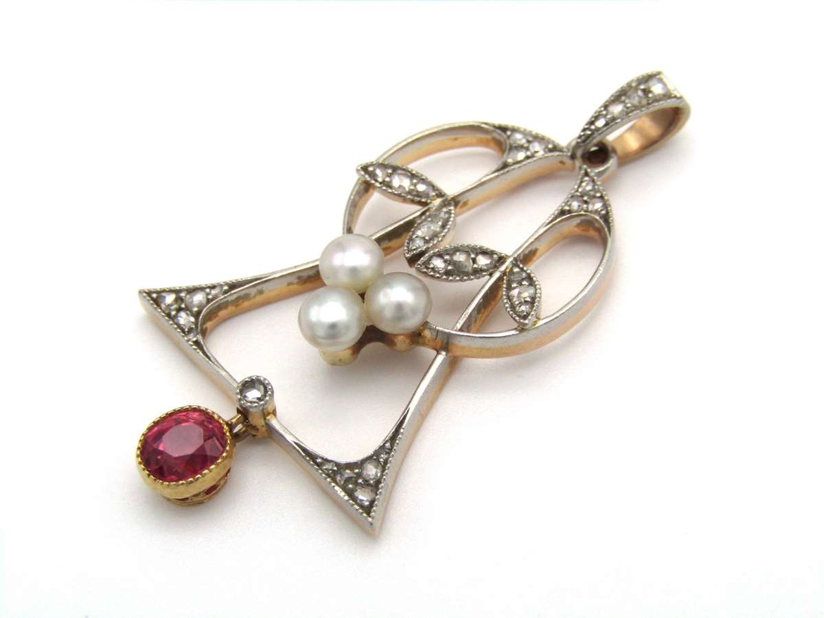 Art Nouveau, 18K gold ruby, diamond and pearl pendant