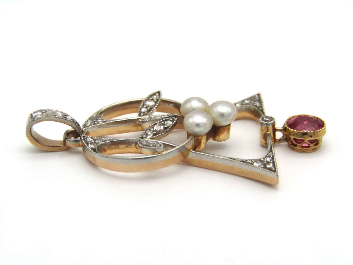 Art Nouveau, 18K gold ruby, diamond and pearl pendant