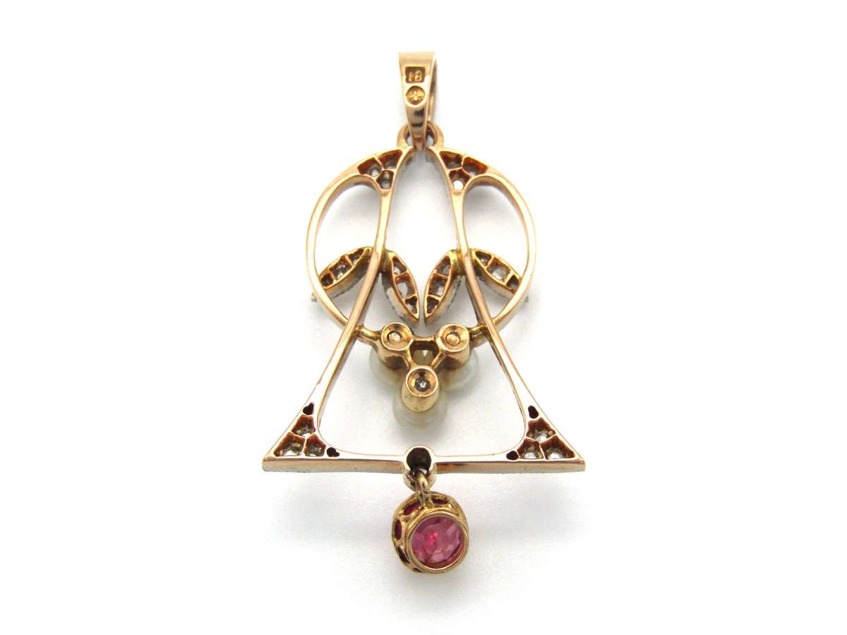 Art Nouveau, 18K gold ruby, diamond and pearl pendant