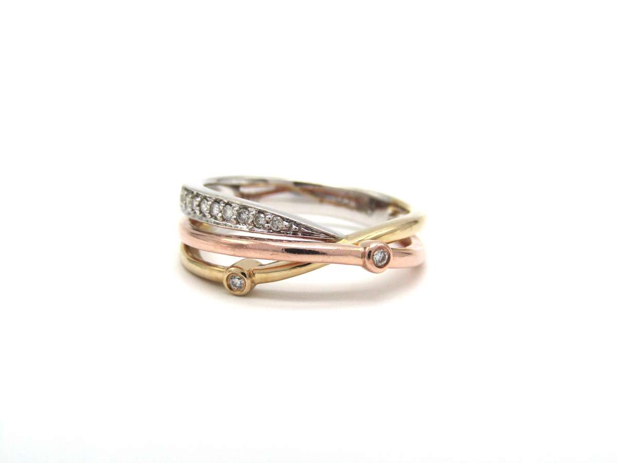 Estate, 14K gold crossover tri-gold diamond ring by Browns
