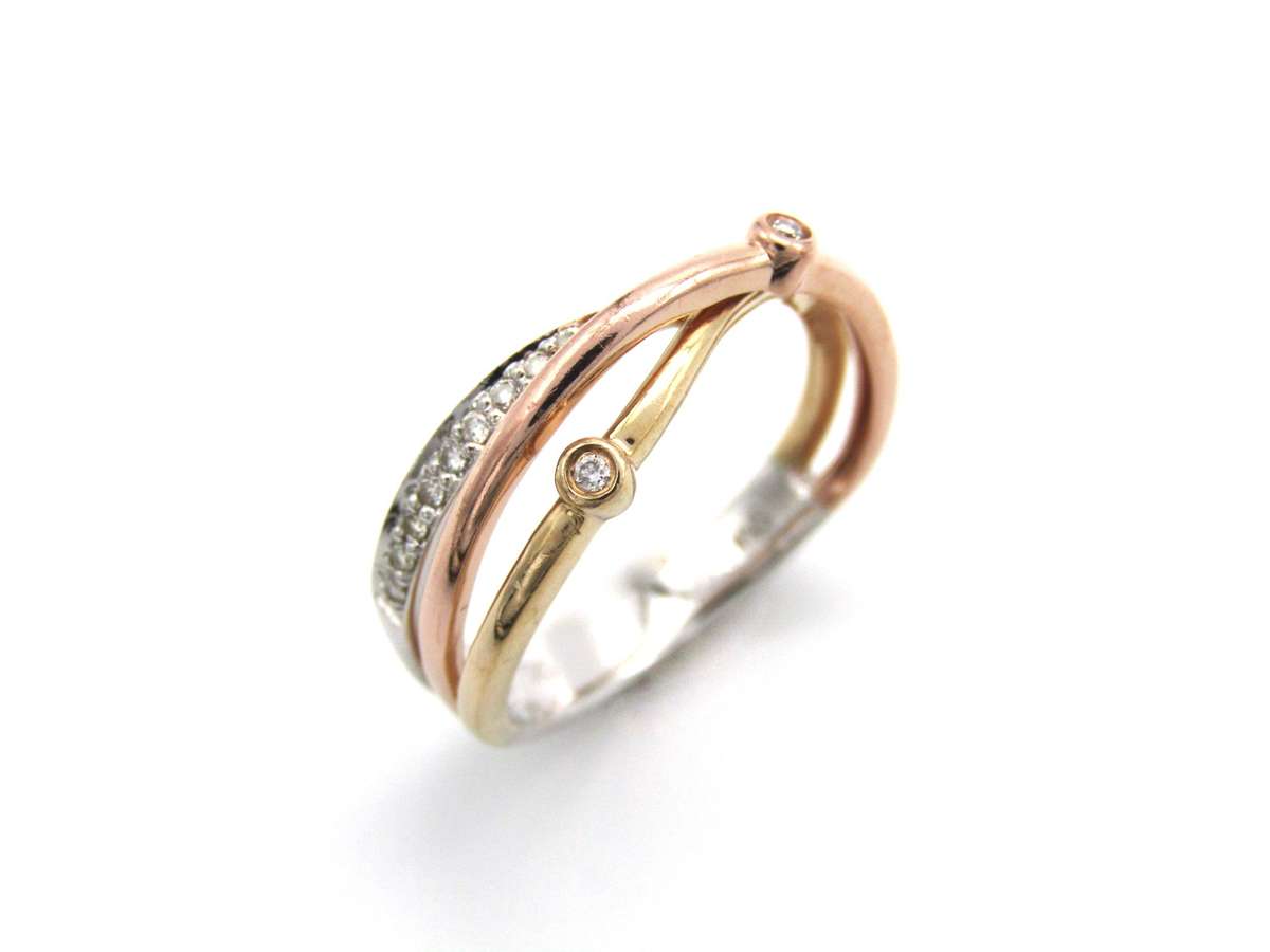 Estate, 14K gold crossover tri-gold diamond ring by Browns