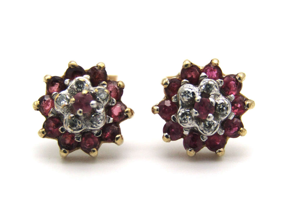 Vintage, 9K gold ruby and diamond 'flower' earrings
