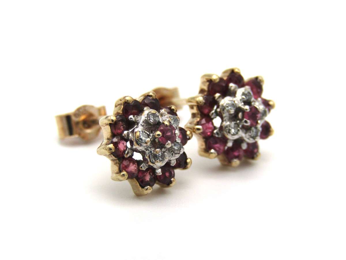 Vintage, 9K gold ruby and diamond 'flower' earrings