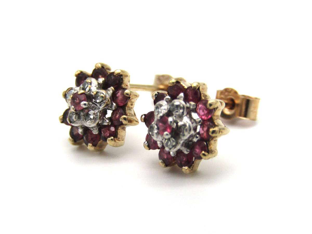 Vintage, 9K gold ruby and diamond 'flower' earrings