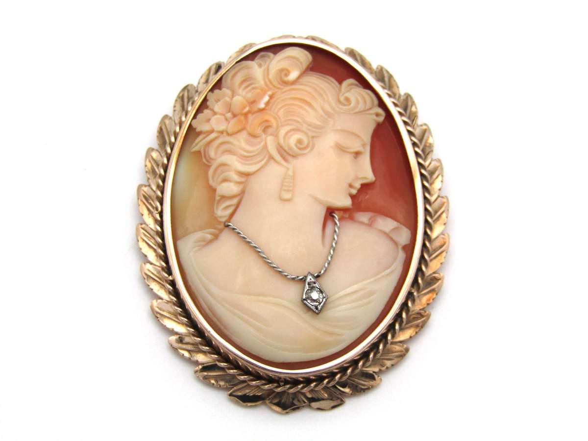 Antique, 9K gold Italian cameo and diamond brooch